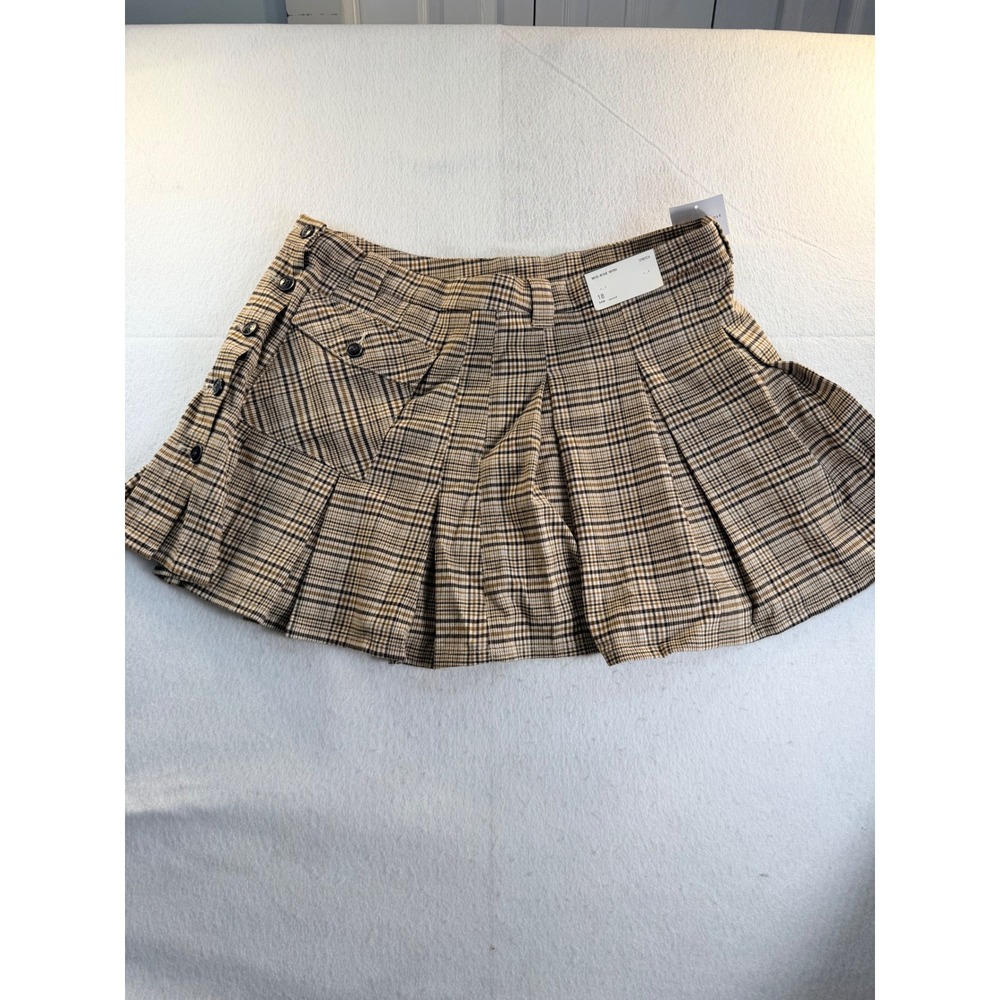 American Eagle Plaid Pleated Mid-Rise Mini Skirt Brown Black Size 18 34W NEW